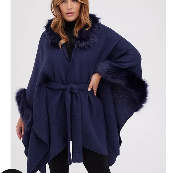 Torrid Jackets & Blazers - FAUX FUR TRIM BELTED RUANA - ONE SIZE NAVY